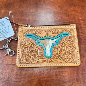 Tooled Western Leather Card Holder with Turquoise Accents Steer Bull calf hair